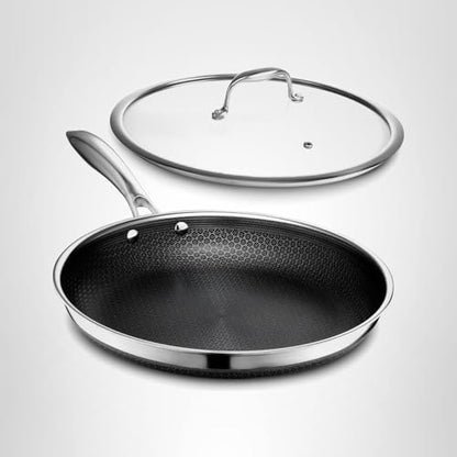 HexClad Hybrid Nonstick 12-Inch Frying Pan with Tempered Glass Lid, Stay-Cool Handle, Dishwasher-Friendly, Oven-Safe Up to 900°F, Induction Ready, Compatible with All Cooktops