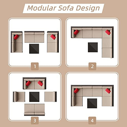 Shintenchi 7 Pieces Patio Furniture Sets Outdoor All-Weather Sectional Patio Sofa Set PE Rattan Manual Weaving Wicker Patio Conversation Set with Glass Table&Ottoman Cushion and Red Pillows, Beige