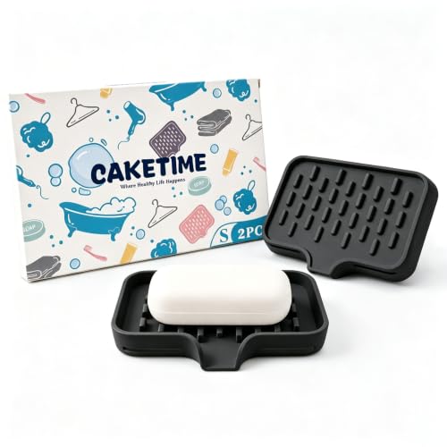 CAKETIME 2 Pack Silicone Soap Dish with Drainage Holes for Bathroom Shower Caddy Kitchen Counter Sponge Holder Bar Sink Organizer Gadgets Gears Items Self Draining Jabonera Generic Random Stuff Black