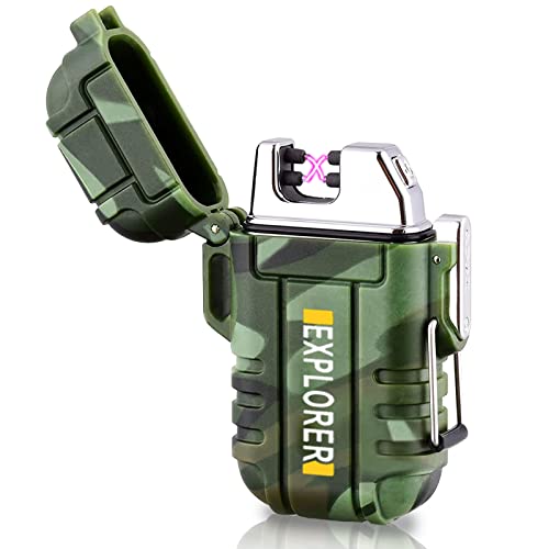 Waterproof Electric Lighter Outdoor USB C Rechargeable Flameless Dual Arc Plasma Lighters for Adventure Survival Tactical, Camping Gadgets for Men