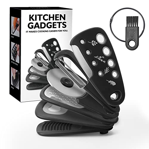 Kitchen Gadgets Set 6 Pieces, Space Saving Cooking Tools Kitchen Accessories-Garlic Grinder, Cheese Grater, Vegetable Peeler, Pizza Cutter, Herb Stripper, Bottle Opener, Gadgets Gift Set (Black)