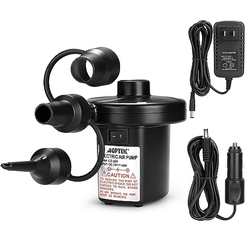 AGPTEK Electric Air Pump,Portable Air Pump with 3 Nozzles, 4.5kPa Quick-Fill,110V AC/12V DC Inflator/Deflator Pumps for Outdoor Camping, Inflatable Air Mattress Beds, Boats, Swimming Ring