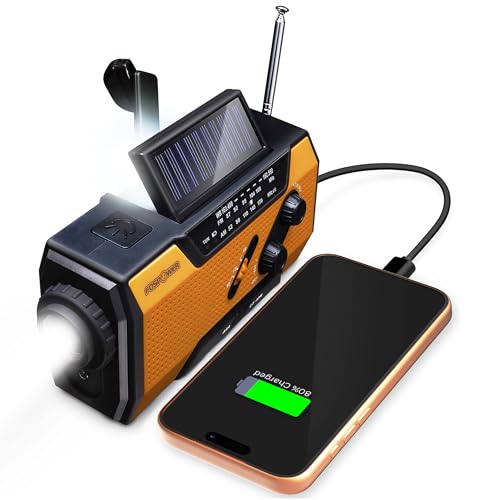FosPower NOAA Emergency Weather Radio A1 7400mWh Solar Hand Crank (Orange)