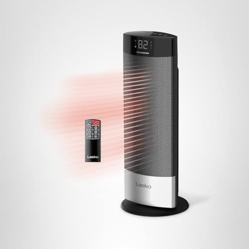 Lasko Ellipse Ceramic Tower Heater for Home with Tipover Switch, Child Lock, Digital Display, Thermostat, Wide Oscillation, Remote, Timer, For Bedroom, Office, Living Room, Den, 1500W, Black, CT18950