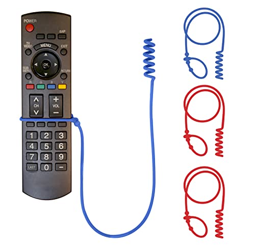 Perfect Curve Remote Leash 4-Pack, TV Remote Control Tether Cord, Remote Attachment to not Lose It, Adjustable & Snug Remote Control Leash for All Brands and Sizes, 2 Blue & 2 Red TV Remote Finders