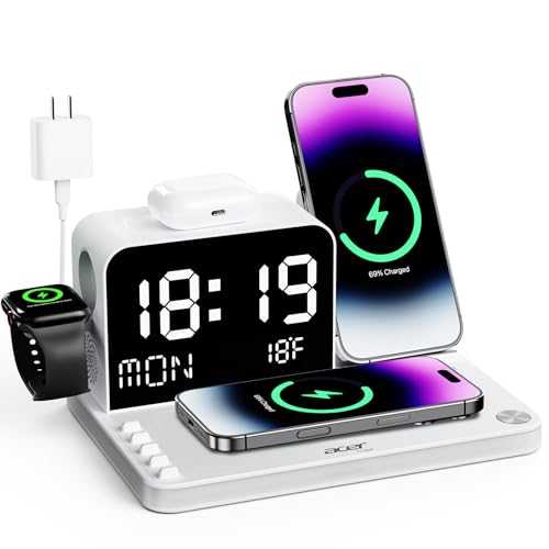 Acer 7-in-1 Wireless Charging Station Charger Stand for Multiple Devices for Apple -iPhone 18 17 16 15 14 13 Pro Max Apple Watch Airpods, Wireless iPhone Charger Station with Bluetooth TimeSync White