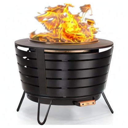TIKI 25-Inch Smokeless Patio Fire Pit, Wood Burning with Removable Ash Pan & Weather-Resistant Cover, Modern Black Design – Ideal Outdoor Smokeless Fire Pit for Backyard & Patio