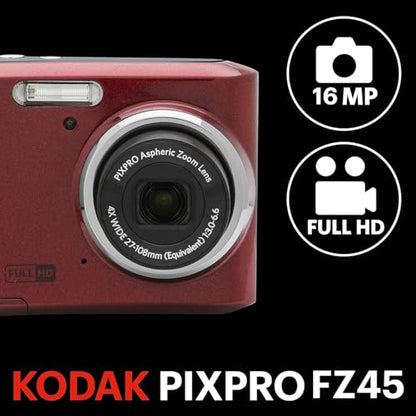 KODAK PIXPRO FZ45 16MP Compact Digital Camera, 4X Optical Zoom, AA, Red