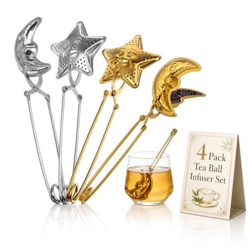 NUOBESTY 4Pcs Tea Infuser Set, Stainless Steel Star Moon Shape Tea Ball Steeper Strainers with Handle for Brewing Loose LeafTea & Coffee