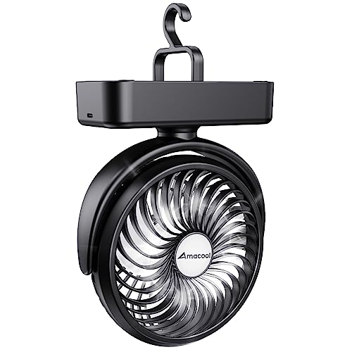 Portable Camping Fan with LED Lantern- 40H Work Time Rechargeable Battery Operated Fan with Hanging Hook for Tent Car RV Hurricane Emergency Outages Survival Kit Cruise Travel Camping Essentials Gear