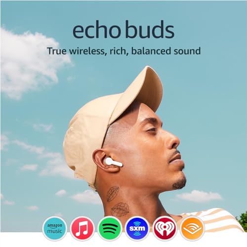 Amazon Echo Buds (newest model), True Wireless Bluetooth 5.2 Earbuds with Alexa, audio personalization, multipoint, 20H battery with charging case, fast charging, sweat resistant, Glacier White