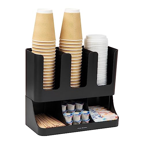 Mind Reader Condiment Station, 13 Inch Countertop Coffee Bar Organizer with 6 Compartments, Storage Caddy for Cups, Lids and Packets, Plastic, Black