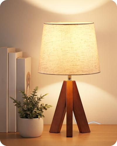 GOEBLESON Tripod Table Lamp, 14.6 Inch Small Bedside Lamp with Beige Linen Shade, Modern Nightstand Lamp for Bedroom, Kids Room, Living Room, Nursery, Office, E26 Socket, Dark Wood Base, LE51TL05