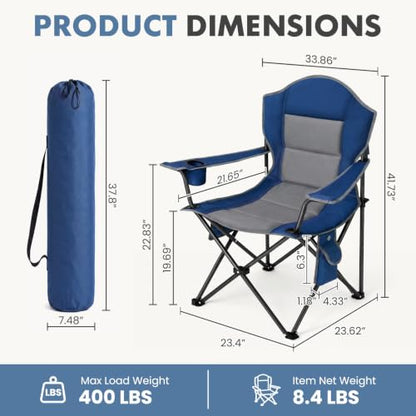 DUMOS Heated Camping Chair for Adults, Folding Chair for Outside | Padded 400 lbs Heavy Duty Support, 3 Heat Levels, 2 Heating Zones, for Outdoor Sports Lawn, Battery Not Included, Blue Grey