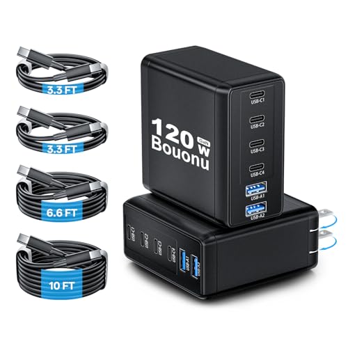 Bouonu 2 Pack USB C Charger Block with 4 USB Cables 120W GaN Type C Fast
