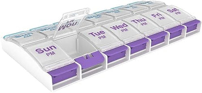 EZY DOSE Push Button (7-Day) Pill Case, Medicine Planner, Vitamin Organizer, 2 Times a Day AM/PM, X-Large Compartments, Arthritis Friendly, Clear Lids, Purple and Blue, BPA Free