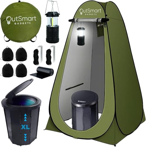 Outsmart Gadgets Portable Toilet Kit for Adults with Camping Night Lantern, Folding XL Toilet Seat, Pop Up Privacy Tent and Carry Bags, Multipurpose Potty, Washable Foldable for RV and Travel