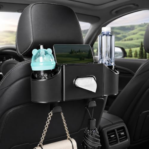 Back Seat Car Organizer, 2 Cup Holders, Tissue Holder, Phone Stand & Hooks