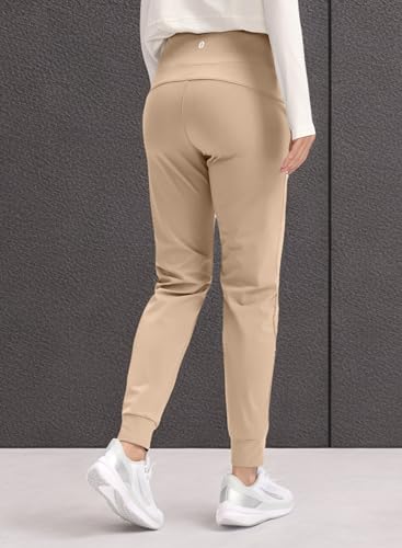 SANTINY Women's Fleece Lined Joggers Water Resistant High Waisted Thermal Sweatpants Winter Pants Hiking Running Pockets(Light Khaki_S)
