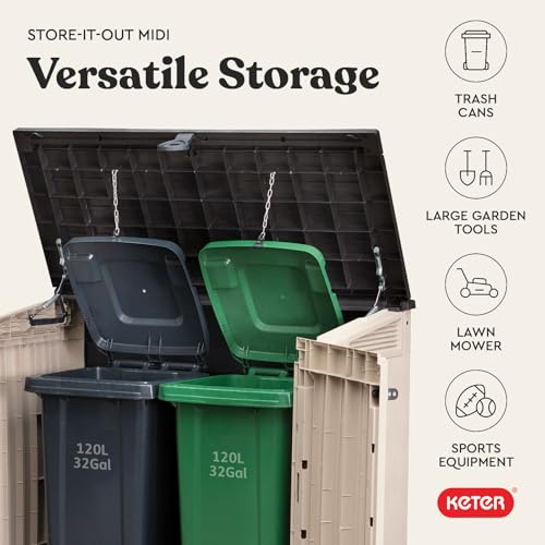 Keter Store-It-Out MIDI Outdoor Resin Storage Shed – Weather-Resistant Horizontal Cabinet for Trash Cans, Garden Tools & Patio Accessories – Lockable, Easy-Lift Lid, 30 Cu. Ft. Capacity, Beige