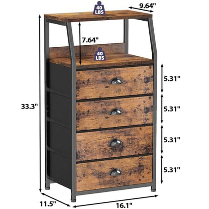 Furnulem Night Stand, Tall 4 Drawers Dresser for Bedroom, Hallway, Nursery, Closet Organizer, Nightstand Bedside Table Furniture, Vertical Storage Tower Fabric, Sturdy Steel Frame, Wood Top