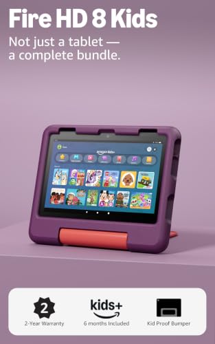 Amazon Fire HD 8 Kids tablet (newest model), ages 3-7. With bright 8" HD screen. Includes ad-free and exclusive content, parental controls and 13-hr battery, 32GB, Grape