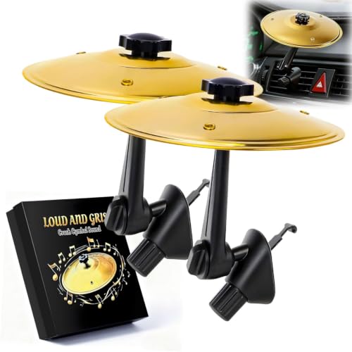 2 Pack Gold Mini Drum Cymbal Car Air Vent Clip, Fun Driving Gadget for Music Fans Drummers, Portable Clash Cymbal Decor Accessory, Universal Fit for US Daily Commute Road Trip Vehicle Interior