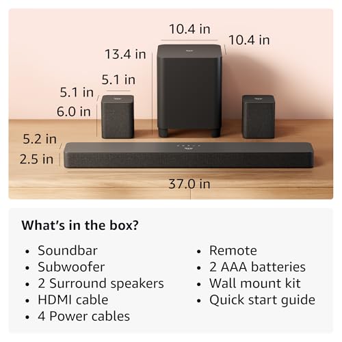 Amazon Fire TV Soundbar Plus with subwoofer and surround sound speakers (newest model), 5.1 channel, Dolby Atmos, clear dialogue
