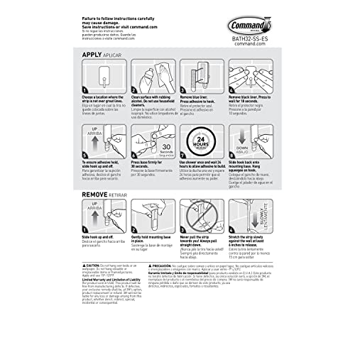 Command Bath Shower Small Water-Resistant Adhesive, Satin Nickel, 1 lb Capacity, 1 Squeegee, 1 Hook, 2 Strips, BATH32-SS-ES Caddy