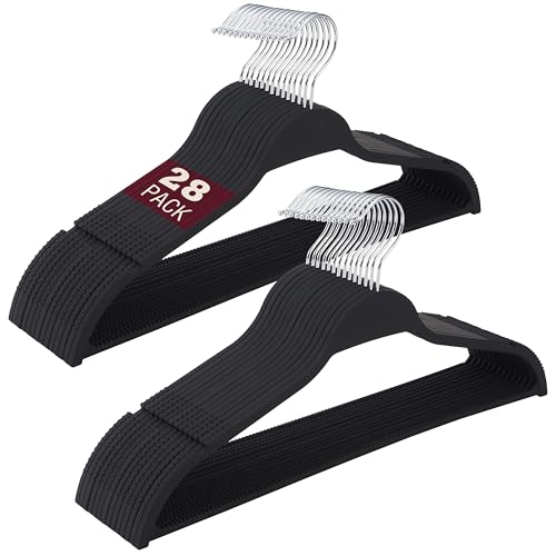 ELONG HOME Black Plastic Thin Hangers for Clothes, Upgraded Rubberized Hangers Non Slip, Durable Slim Clothing Notches Hangers, 17.7 Inches Wide for Adults Clothes, 28 Packs