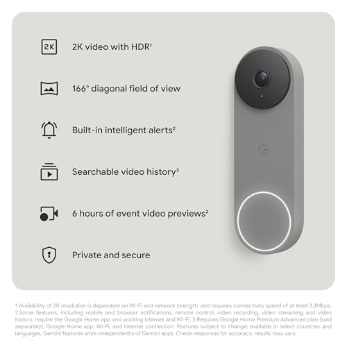 Google Nest Doorbell (Wired, 3rd Gen) - 2K Video and Gemini, Live View, Night Vision, 2-Way Audio - Works with Google Home - 2025 Model - Hazel