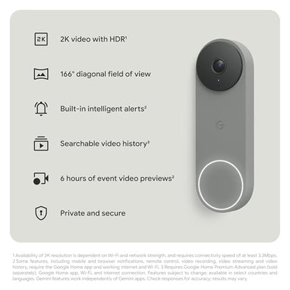 Google Nest Doorbell (Wired, 3rd Gen) - 2K Video and Gemini, Live View, Night Vision, 2-Way Audio - Works with Google Home - 2025 Model - Hazel