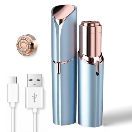 Rechargeable Facial Hair Removal for Women - as Seen on TV Painless Face Shaver - Electric Hair Remover for Face Lips Peach Fuzz with Light with 1 Replacement Heads (Blue)