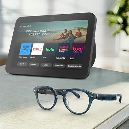 Amazon Echo Frames (newest model) + Echo Show 8 (newest model), Smart Glasses with Alexa, Round frames in Blue Tortoise with prescription ready lenses