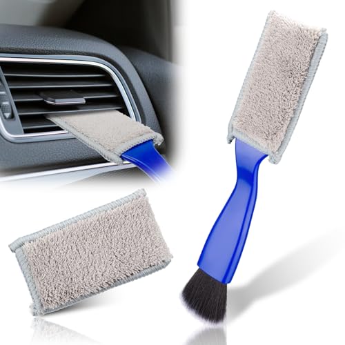 BFXM Double Head Brush for Car Clean, 2 in 1 Car Detailing Brush, Car Accessories Double Ended Portable Dust Brush with 2 Cleaning Cloth, Universal Dust Removal Brush for Air Conditioner Outlets