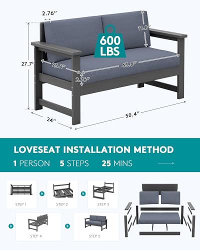 SERWALL Grey HDPE Outdoor Loveseat with Grey Cushions