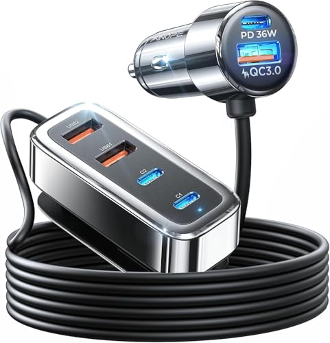 AINOPE 108W Multiple Ports Car Charger, Cigarette Lighter USB Charger, PD&QC Car Charger Adapter Fast Charging for iPhone 17 [+5FT Cable], 12V Road Trip Essentials for Kids, Gift for Father
