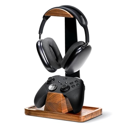 UPERGO Walnut Headphone Stand with Controller Holder & Storage Base