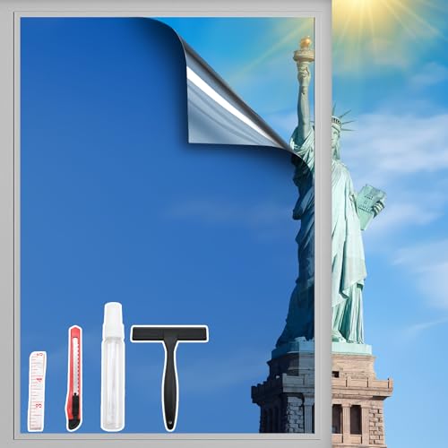 One Way Privacy Window Film with 4 Tools, Static Cling Window Film, Simple to Install Cut and Remove, UV Blocking Heat Control, Light Blocking for Home Office Windows(Blue-Silver-31.49Inch×78.7Inch)