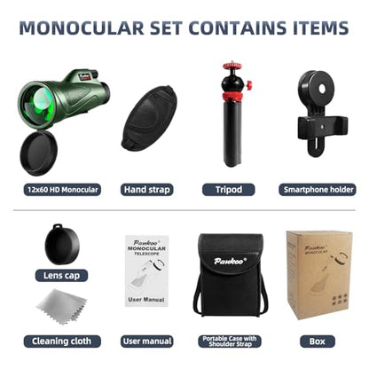 12x60 Powerfull Monoculars for Adults with Smartphone Adapter Tripod Plus Portable Bag, Larger Vision Monoculars for Adults with BAK4 Prism & FMC Lens, Suitable for Bird Watching Hiking