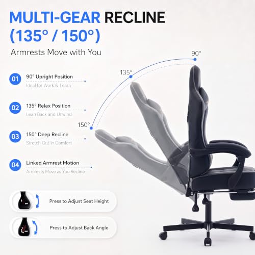 Kslysuty Desk Computer Gaming Chair - High Back Ergonomic Office Chair with Footrest and Lumbar Support, Swivel Comfy Home Gamer Video Game Chairs with Pocket Spring Cushion for Adults (Grey Leather)