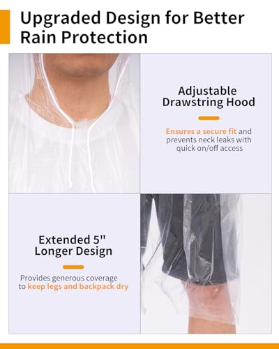 Disposable Rain Ponchos - Extra Long Waterproof Emergency Poncho with Hood for Adults, Bulk Family 6 Pack Raincoat for Park, Concerts, Hiking, Camping Essentials, Home Emergency Survival Kits, Clear