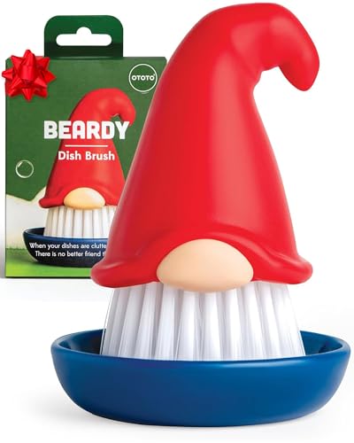 OTOTO Gnome Dish Brush with Handle - Cleaning Brush, Vegetable Brush, Dish Scrub, Gnome Handle, Unique Kitchen Gadgets, Funny Kitchen Tools, Useful Gifts for Women (Beardy Red)