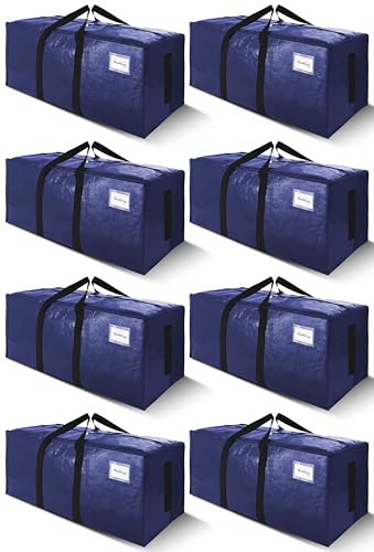 SWEET DOLPHIN 8 Pack 200LB Heavy-Duty Moving Bags with Wrap-Around Handles, Extra Large Storage Totes for Space Saving, Clothes Storage Bags, College Dorm Essentials, Blue, 24 Gal