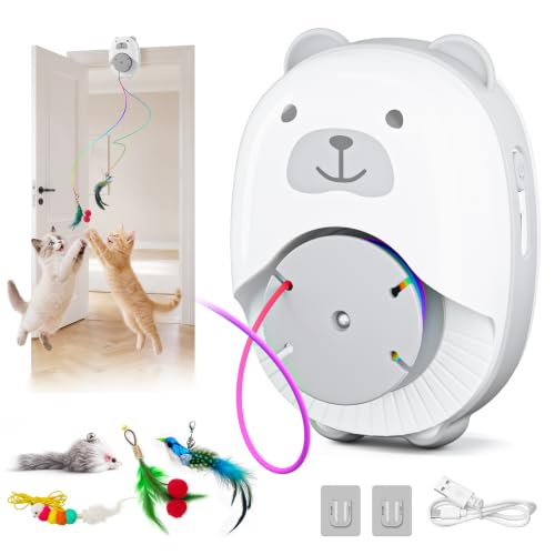 Interactive Cat Toys for Indoor Cats, Automatic Rechargeable Hanging Feather Wand with Flying Motion, 4 Packs Replaceable Accessories, Exercise Enrichment Toy for Cats, Long-Lasting USB Charging