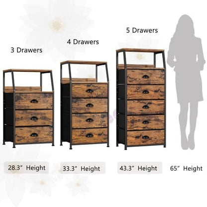 Furnulem Night Stand, Tall 4 Drawers Dresser for Bedroom, Hallway, Nursery, Closet Organizer, Nightstand Bedside Table Furniture, Vertical Storage Tower Fabric, Sturdy Steel Frame, Wood Top