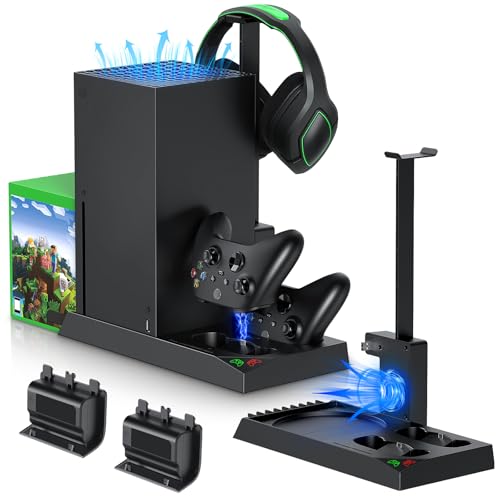 MENEEA Cooling Fan & Charging Stand for Xbox Series X Console & Controller | Vertical Cooler System Dual Charger Station Dock Accessories with 2x1400mAh Rechargeable Battery for Xbox Series X Controller
