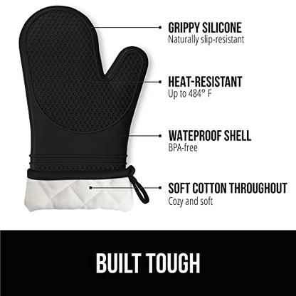 GORILLA GRIP Heat Resistant Durable Silicone Oven Mitts, BPA-Free Protective Grilling Potholders, Soft Cotton Lining, Flexible Waterproof Cooking Mitt Set, Kitchen Home Essentials, 12.5x8.3, Black