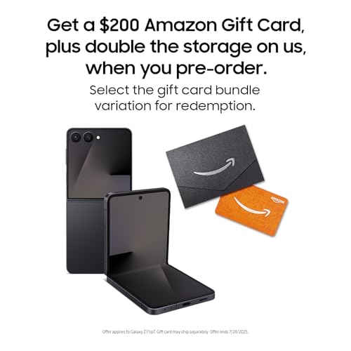 Samsung Galaxy Z Flip7 Cell Phone + Gift Card, 512GB AI Smartphone, Unlocked Android, Long Battery Life, 2025, US 1 Yr Manufacturer Warranty, Jet Black