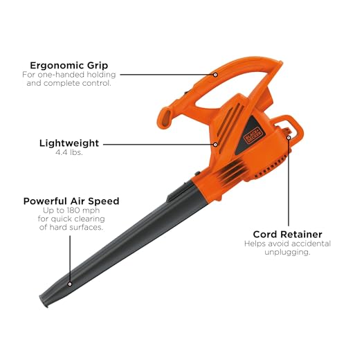 BLACK+DECKER Electric Leaf Blower, Handheld Blowers for Lawn Care, Lightweight, 180 MPH 180 CFM, 7-Amp, Corded (LB700)